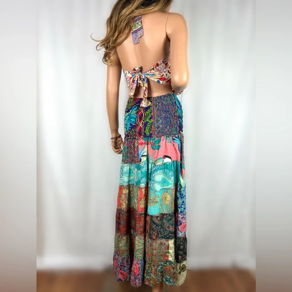 Smocked Ruched Patchwork Boho Dress Skirt - Picture 13 of 17